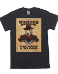 Black Gildan t-shirt with a vintage "Wanted Dead or Alive" poster featuring a golden retriever in a cowboy hat.
