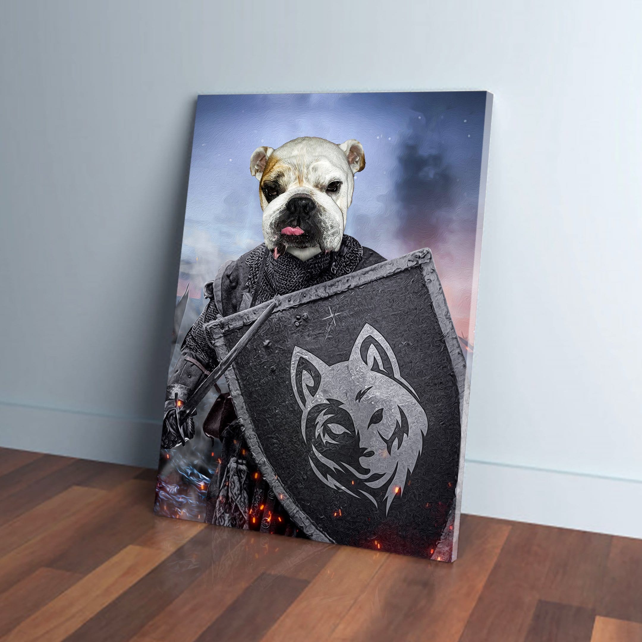 Personalized 'Warrior' pet canvas featuring a bulldog's head on a knight's body holding a shield with a wolf emblem.