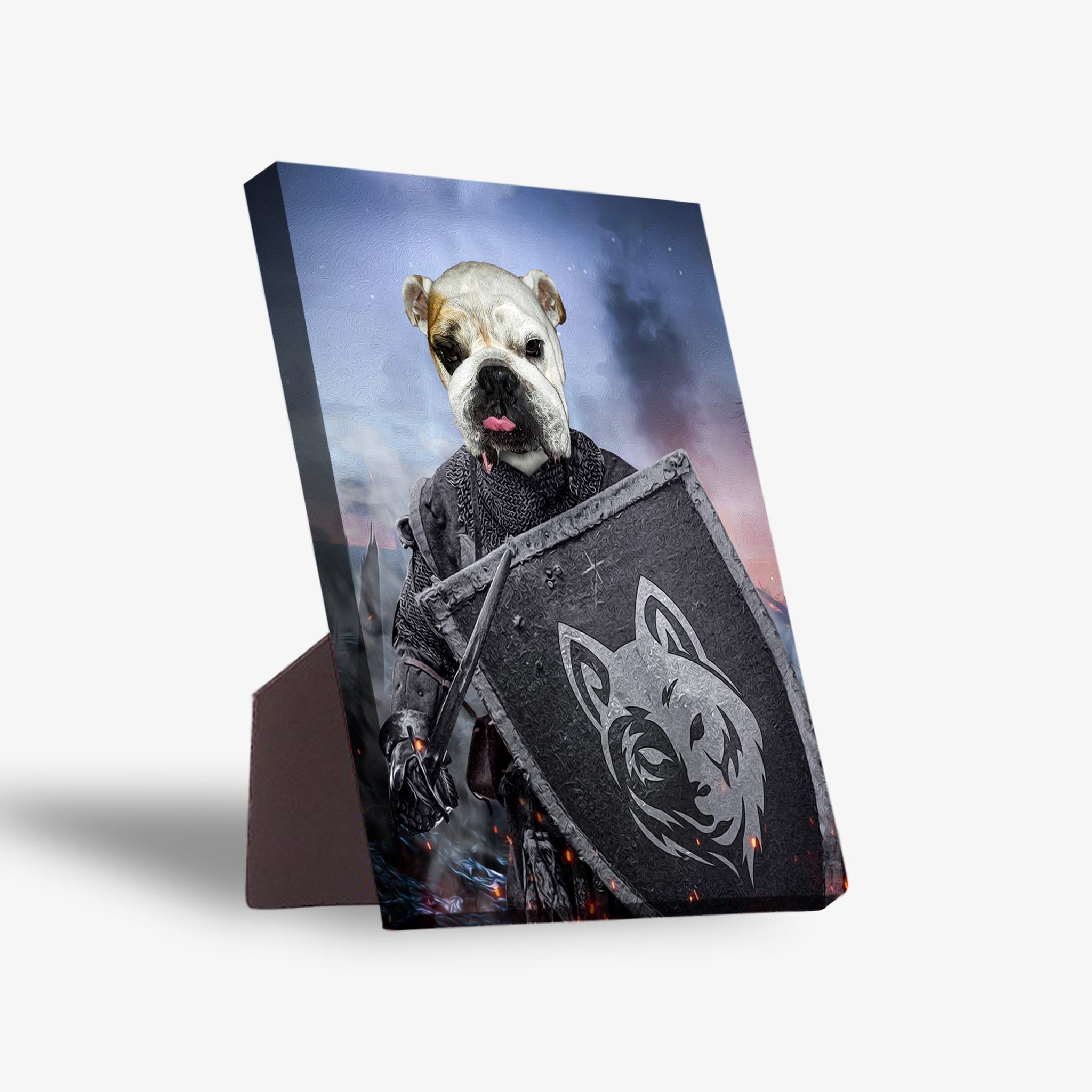 Personalized 'Warrior' pet standing canvas featuring a bulldog in knight armor with a shield.