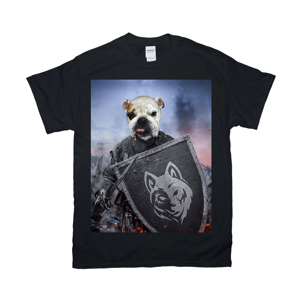 Black Gildan t-shirt with a bulldog warrior holding a shield featuring a wolf emblem.