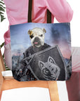 Personalized 'Warrior' tote bag with a bulldog pet portrait in renaissance knight armor.