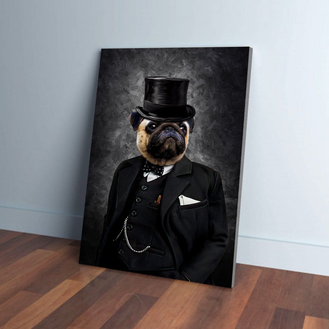 Personalized 'Winston' pet canvas featuring a pug in a black top hat and suit, leaning against a wall.