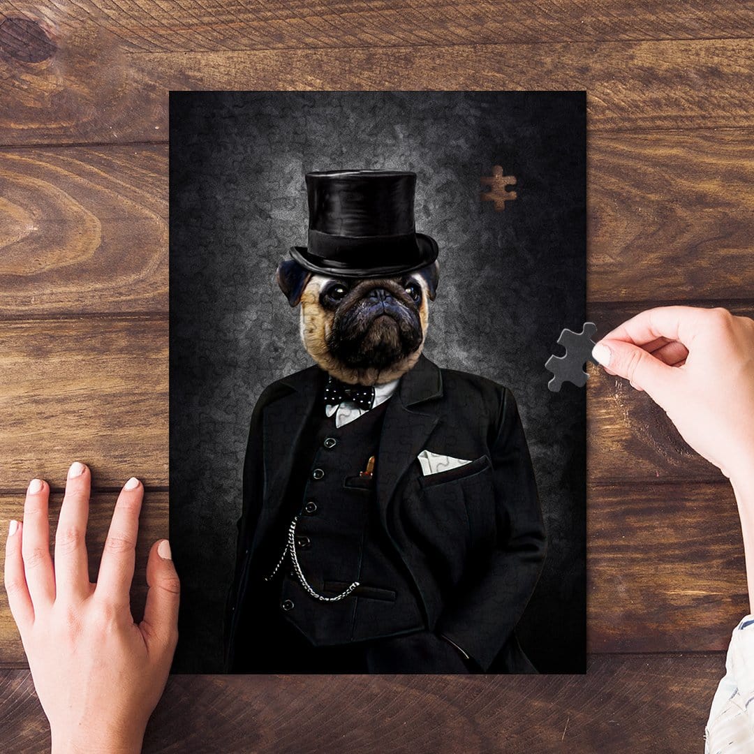 Personalized 'Winston' pet puzzle featuring a pug in a royal renaissance suit and top hat.
