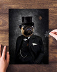 Personalized 'Winston' pet puzzle featuring a pug in a royal renaissance suit and top hat.