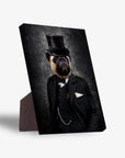 Personalized pet standing canvas featuring a pug in a black top hat and suit, displayed with a sturdy stand.