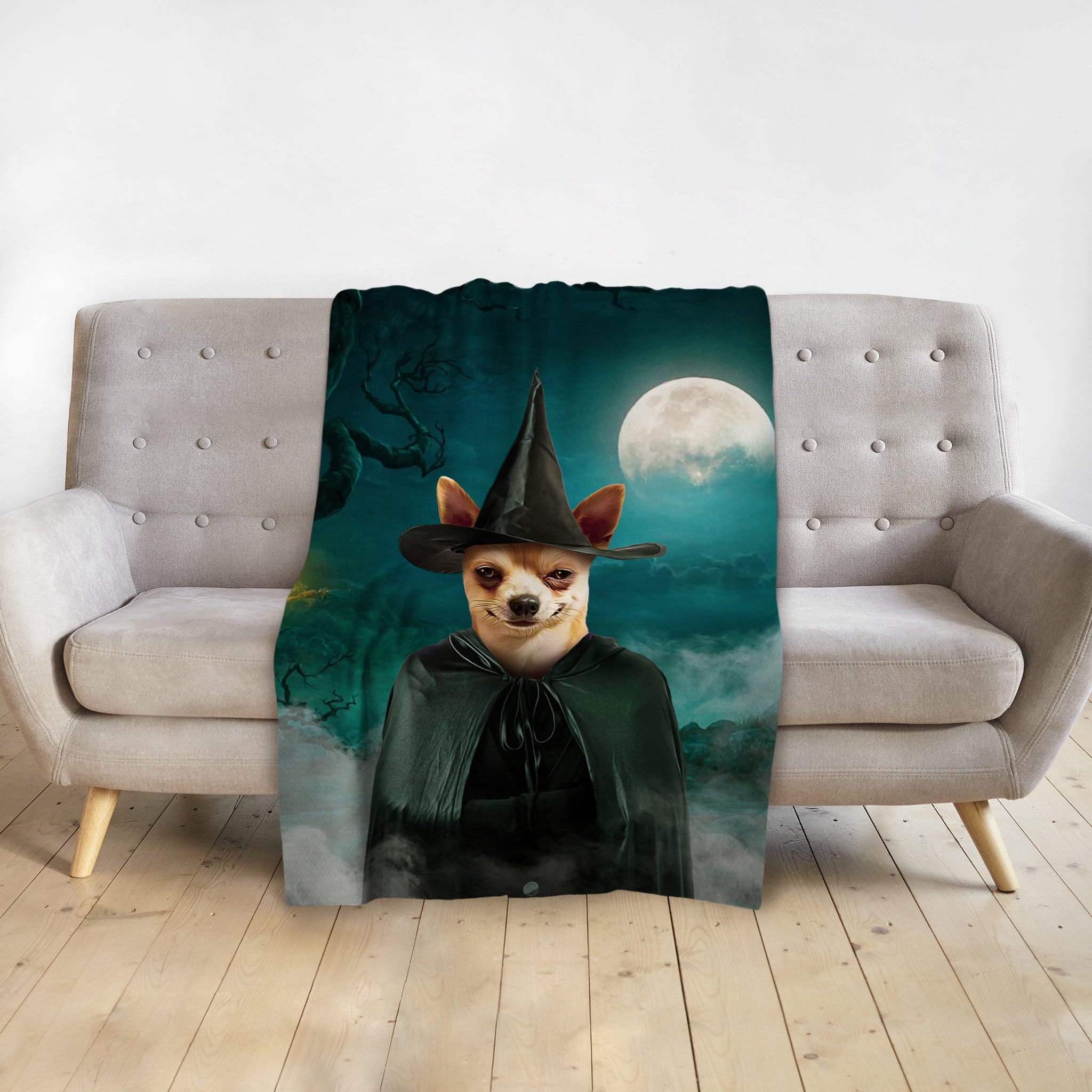 Personalized pet blanket with a chihuahua in a witch costume under a full moon.