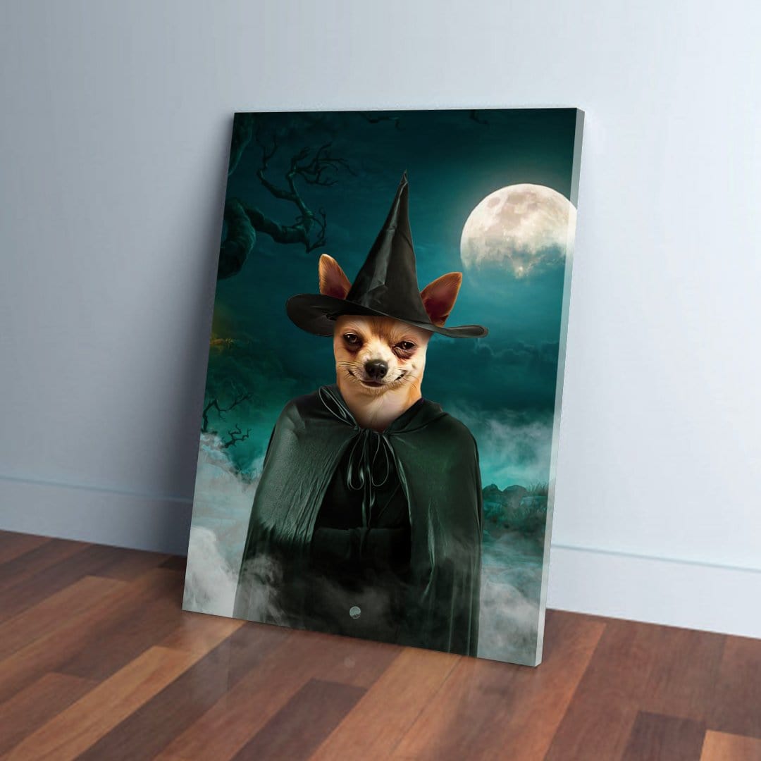 Personalized pet canvas featuring a chihuahua in a black witch hat and dark green cape against a full moon.