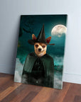 Personalized pet canvas featuring a chihuahua in a black witch hat and dark green cape against a full moon.