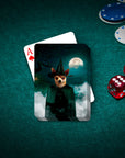 Personalized playing cards featuring a custom pet portrait of a chihuahua dressed as a witch under a full moon.