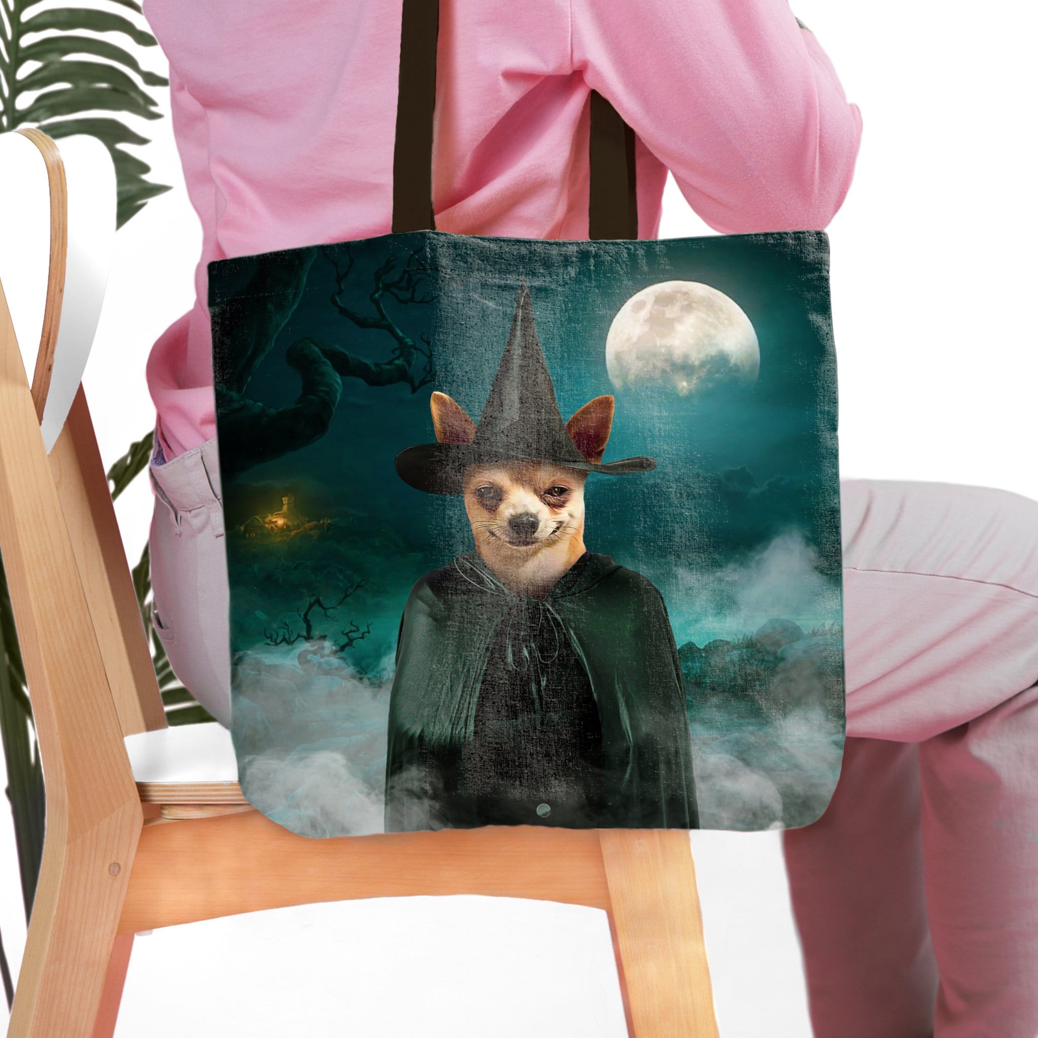 Personalized 'The Witch' tote bag with a custom pet portrait of a chihuahua in a witch costume.