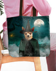Personalized 'The Witch' tote bag with a custom pet portrait of a chihuahua in a witch costume.