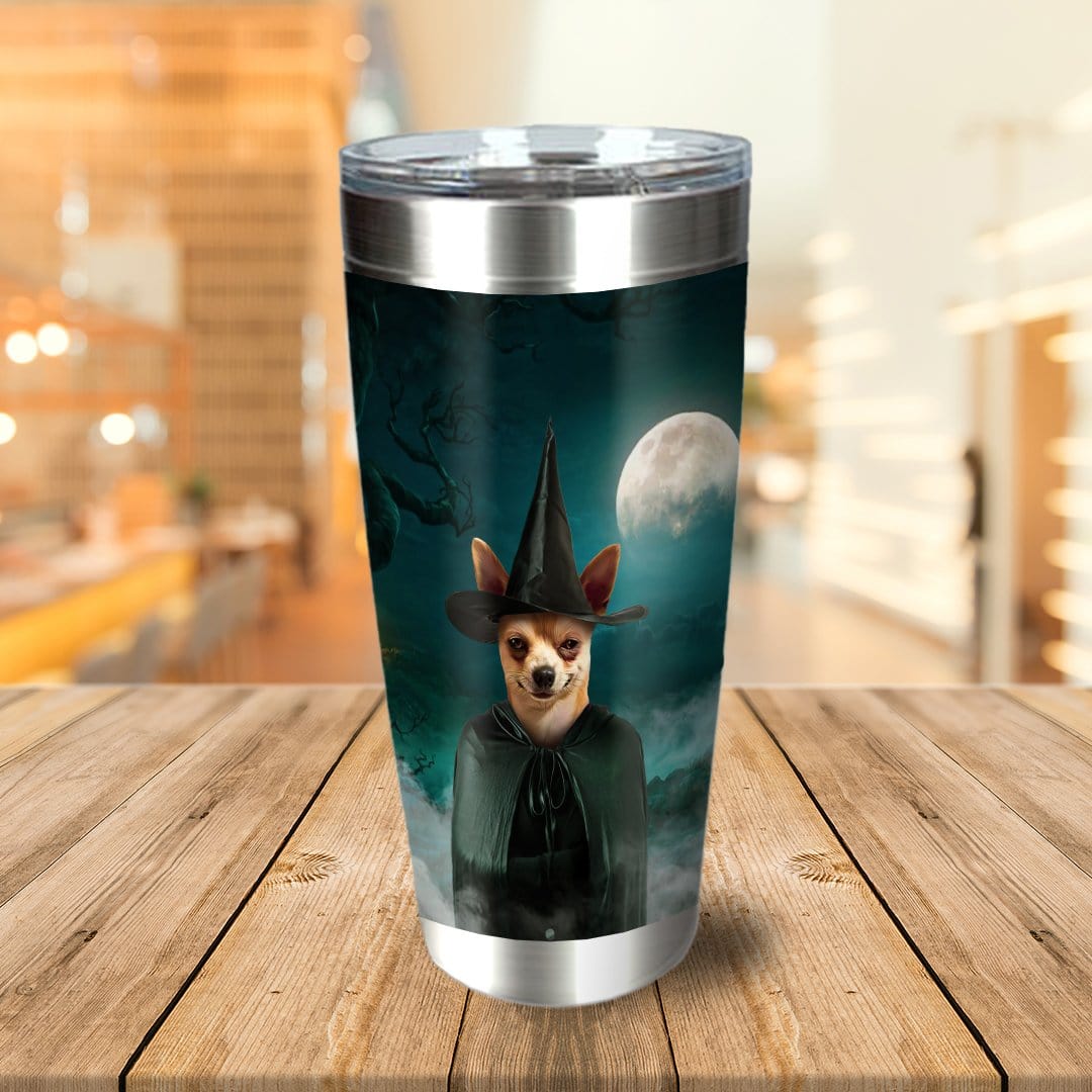 Personalized stainless steel tumbler with a custom pet portrait of a chihuahua as a witch under a full moon.