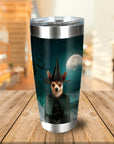 Personalized stainless steel tumbler with a custom pet portrait of a chihuahua as a witch under a full moon.
