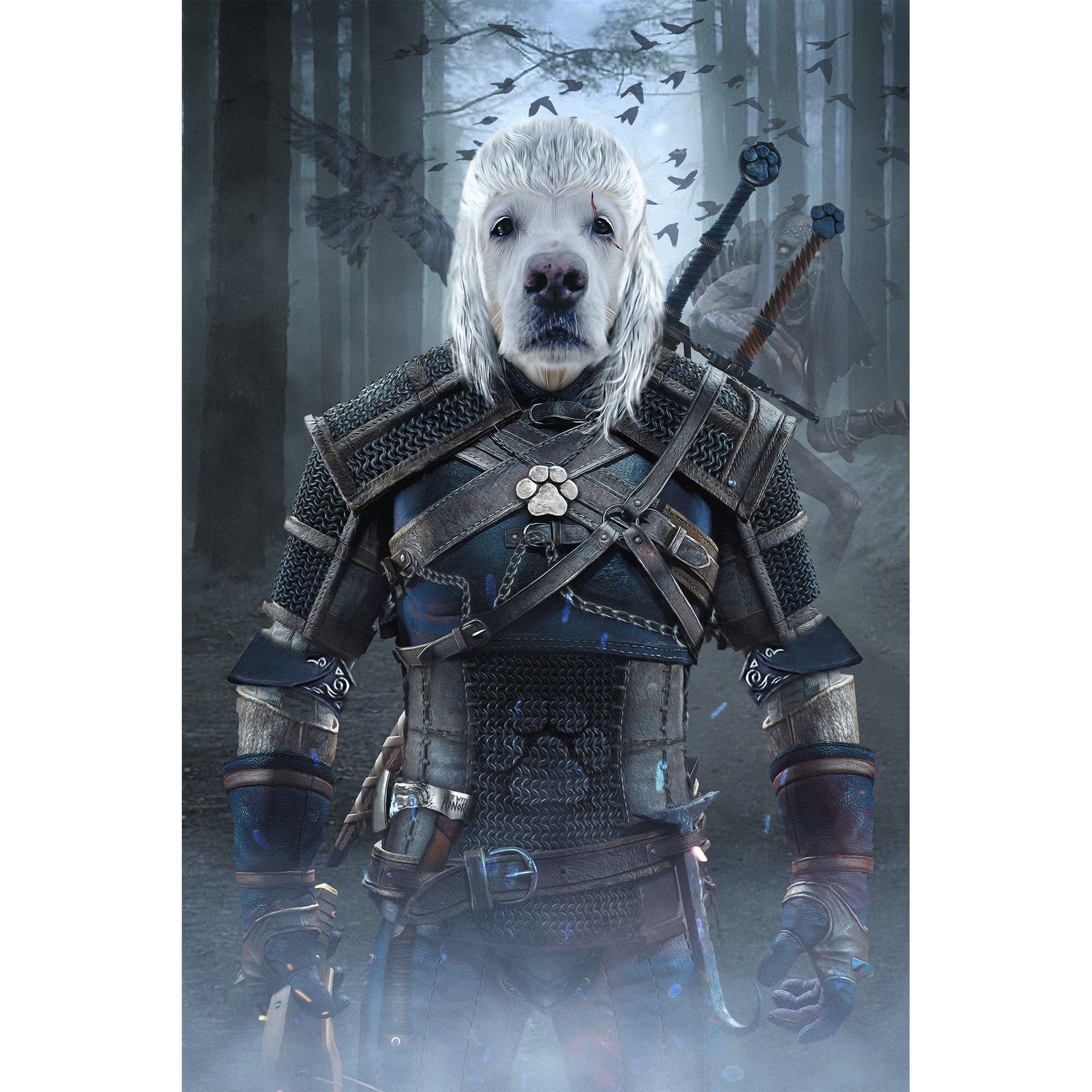 Custom Witcher Doggo digital portrait featuring a white dog in armor.