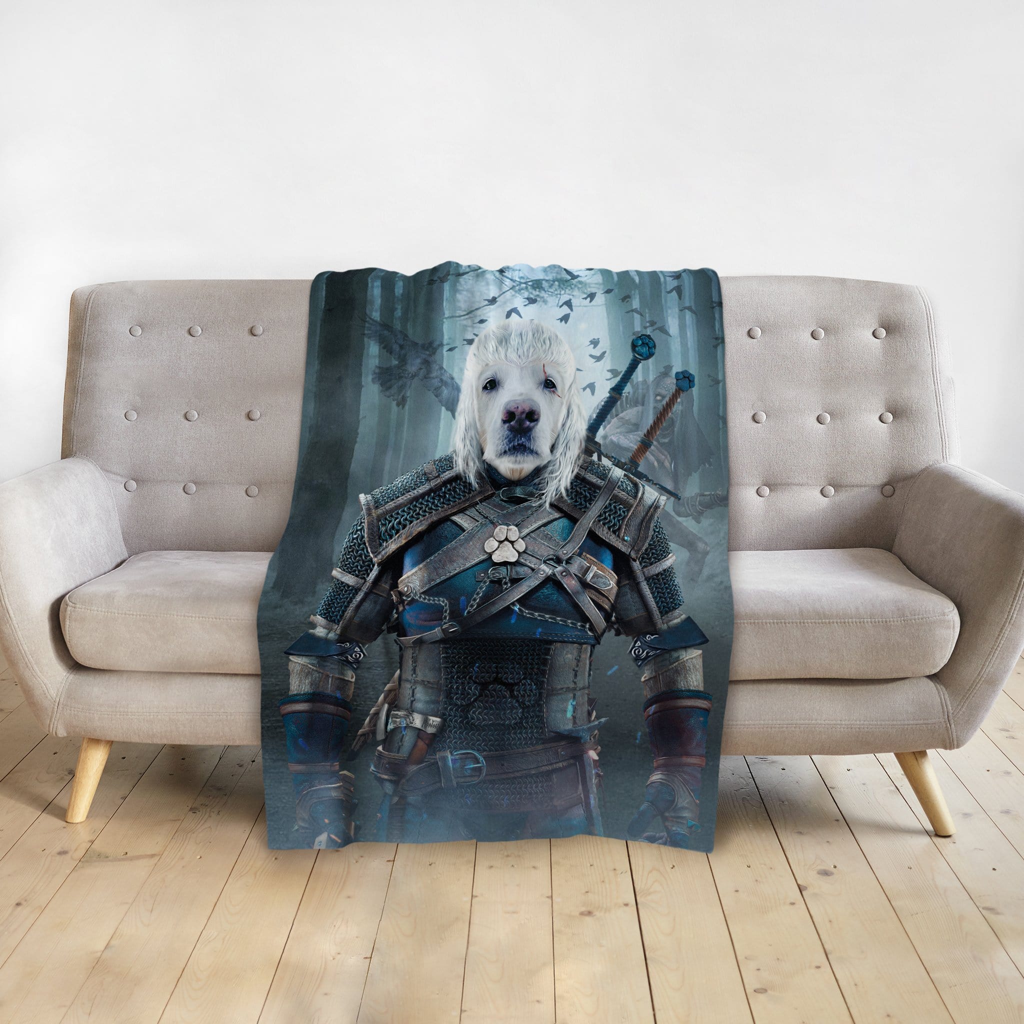 Personalized pet blanket featuring a white dog in Witcher-style armor, draped over a beige sofa.