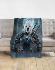 Personalized pet blanket featuring a white dog in Witcher-style armor, draped over a beige sofa.