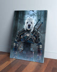 Personalized pet canvas featuring a white dog's head on a Witcher-style warrior body in a dark forest.