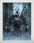 Personalized "Witcher Doggo" pet poster featuring a white dog's head on a warrior's body in a dark forest.
