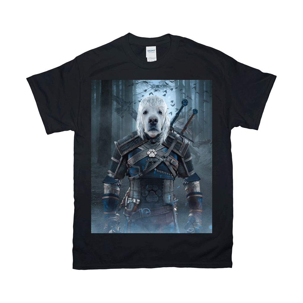 Black Gildan t-shirt with a personalized "Witcher Doggo" design featuring a white dog's head on Geralt's body.