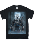 Black Gildan t-shirt with a personalized "Witcher Doggo" design featuring a white dog's head on Geralt's body.