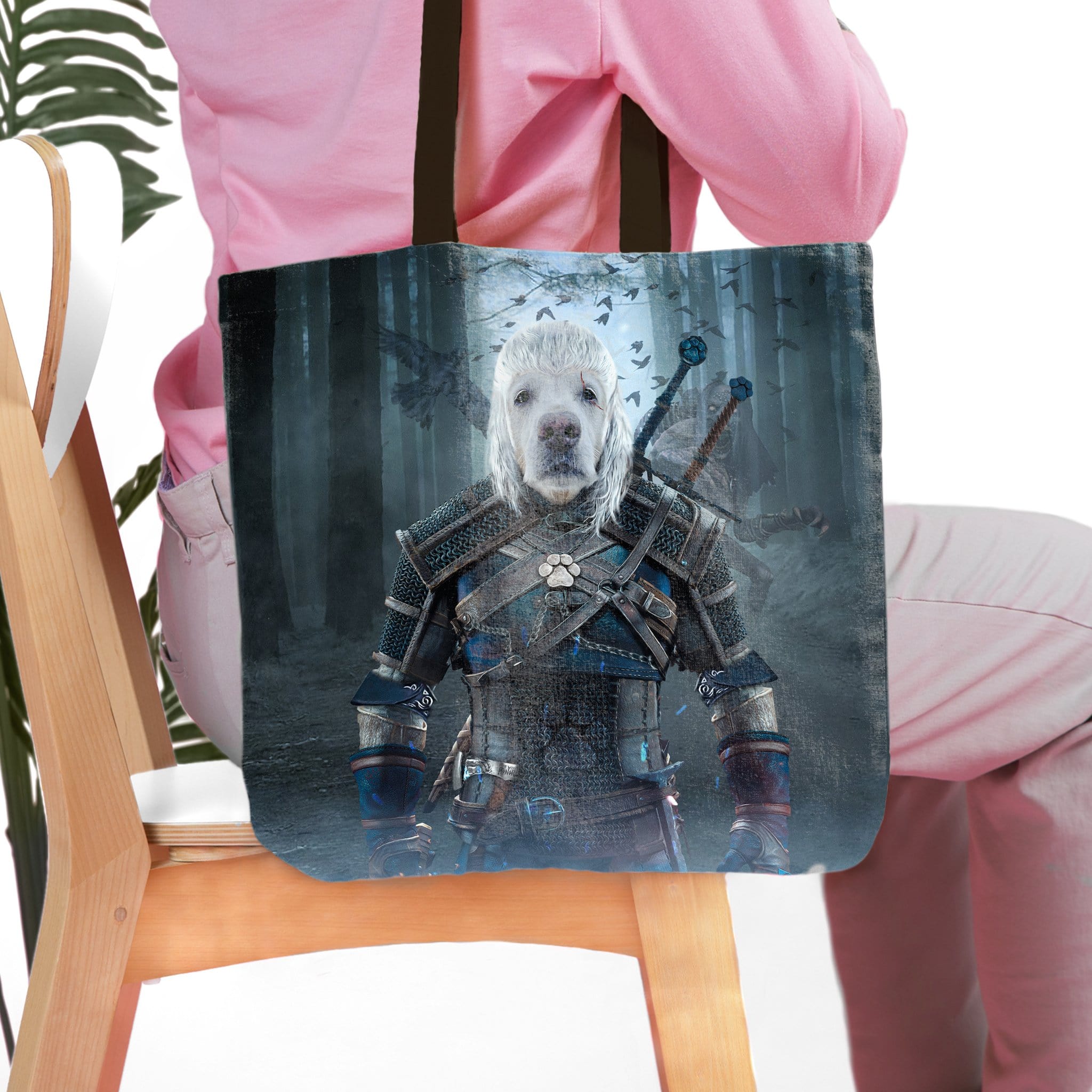 Personalized Witcher Doggo tote bag featuring a white dog in armor, against a dark forest background.