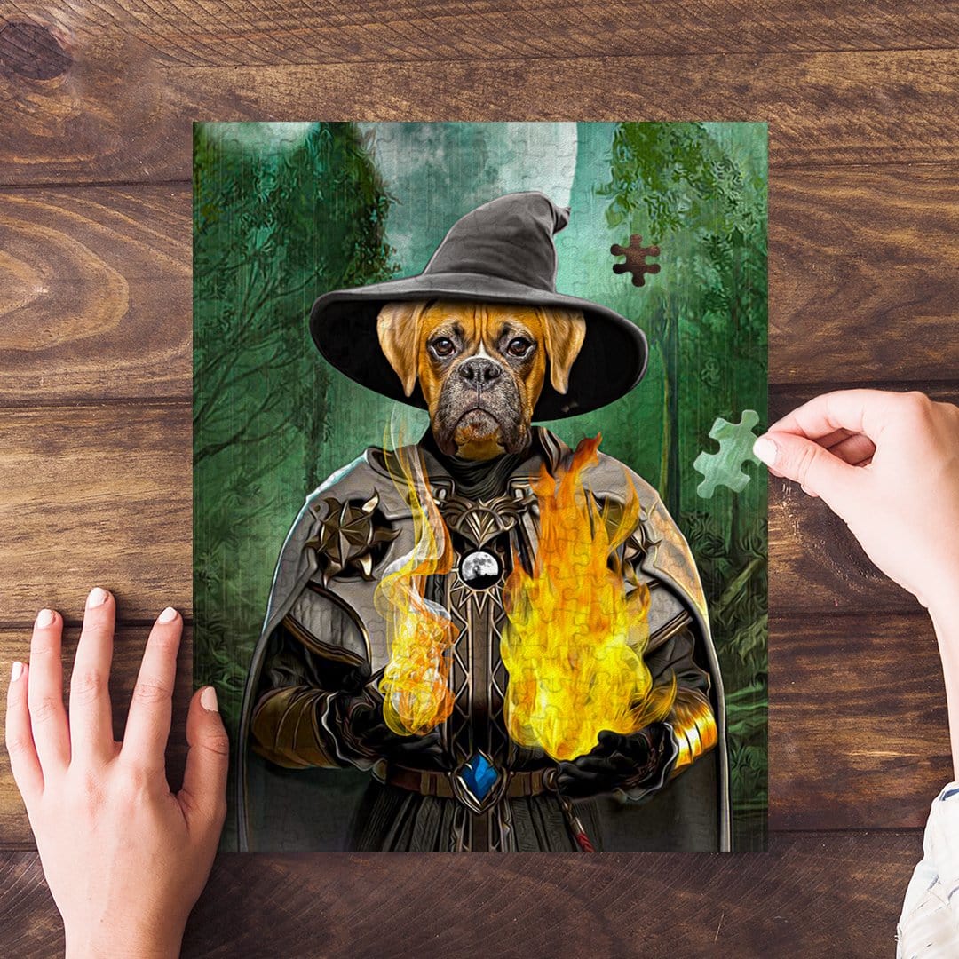 Personalized pet puzzle featuring a boxer dog as a wizard holding fire, with hands assembling pieces.