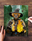 Personalized pet puzzle featuring a boxer dog as a wizard holding fire, with hands assembling pieces.