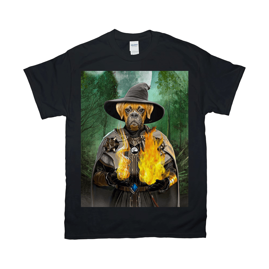 Black Gildan t-shirt with a personalized pet wizard design, featuring a boxer dog holding fire in a forest.