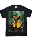 Black Gildan t-shirt with a personalized pet wizard design, featuring a boxer dog holding fire in a forest.