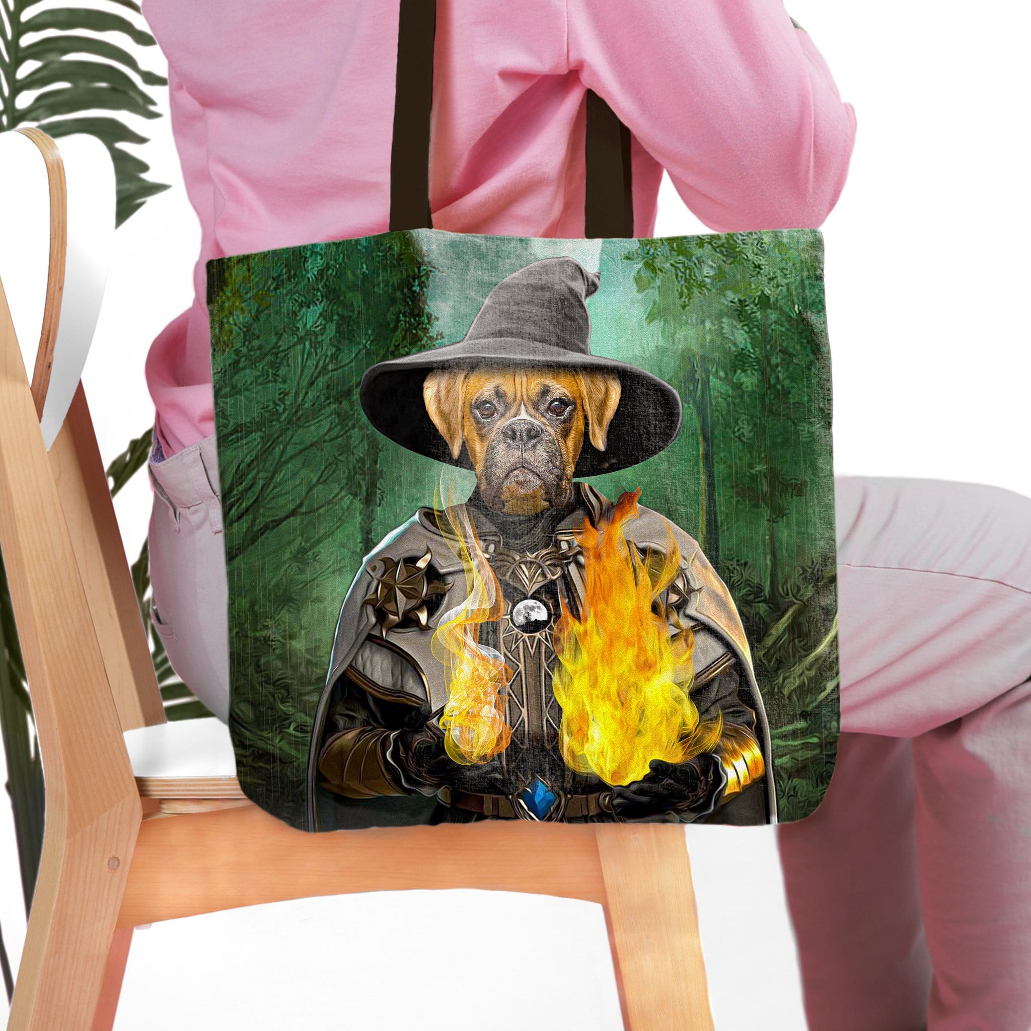 Personalized Wizard pet portrait tote bag featuring a Boxer dog in a wizard hat holding fire.