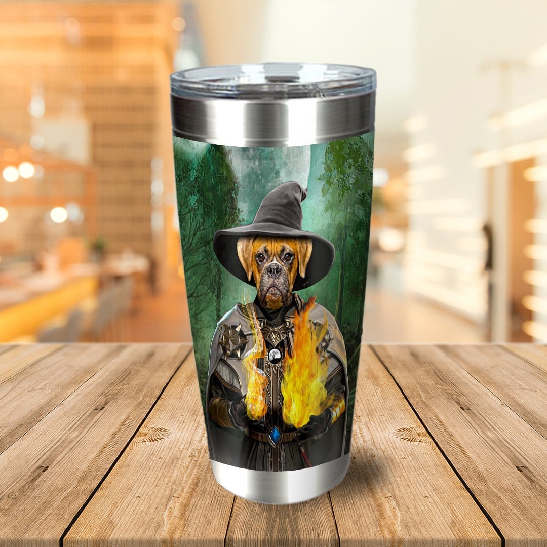 Personalized stainless steel tumbler with a boxer dog pet portrait as a wizard holding fire.