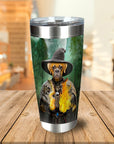 Personalized stainless steel tumbler with a boxer dog pet portrait as a wizard holding fire.