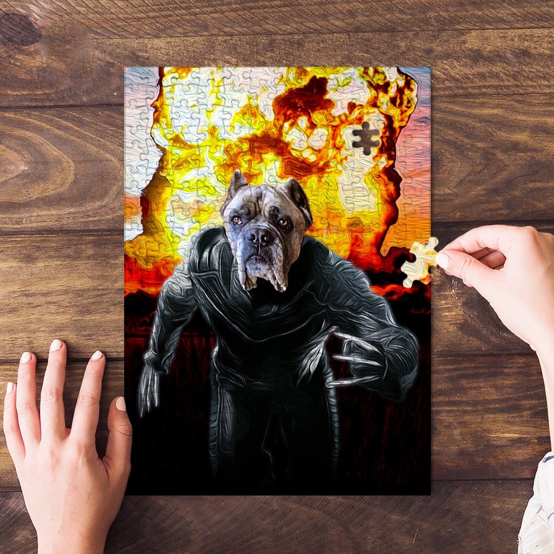 Personalized 'Wolverine Dog' pet portrait puzzle with a dog in a superhero suit and explosion background.