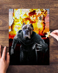 Personalized 'Wolverine Dog' pet portrait puzzle with a dog in a superhero suit and explosion background.
