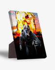 Personalized "Wolverine Dog" standing canvas featuring a pet's head on a superhero body with an explosion background.