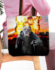 Personalized 'Wolverine Dog' tote bag with a custom pet portrait against an explosion backdrop.