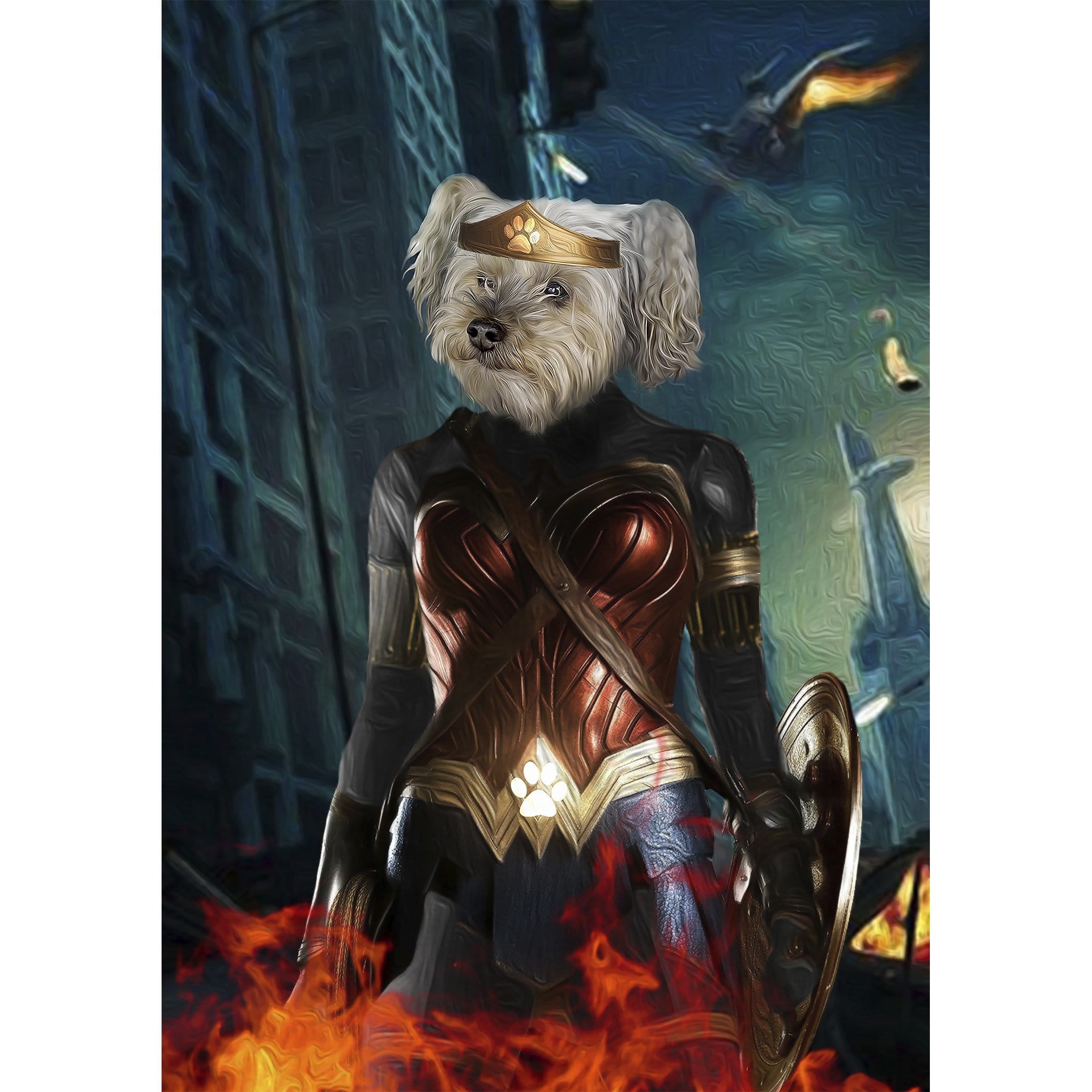 Custom digital portrait of a white dog as Wonder Woman, standing in a city with fire.