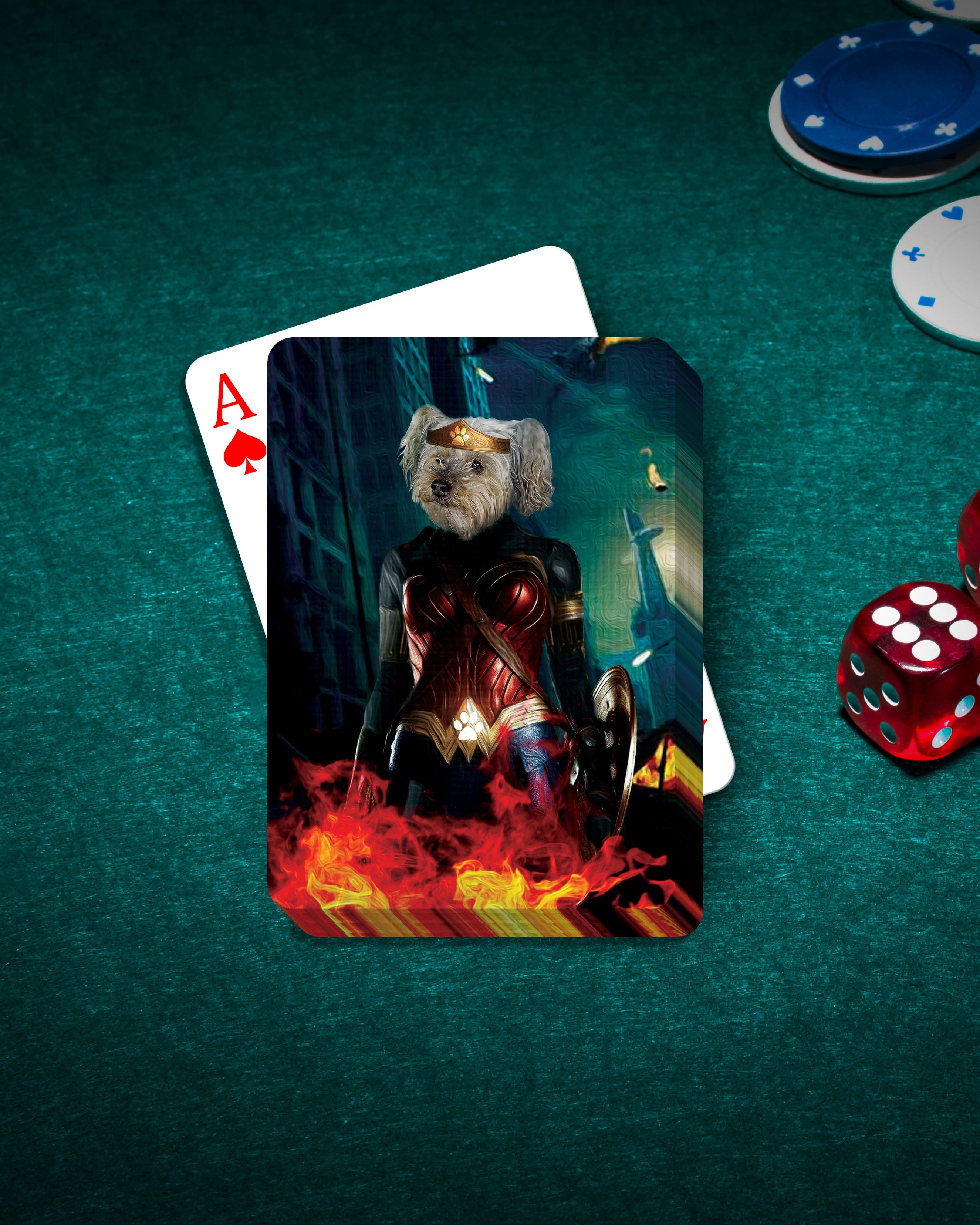 Personalized playing card featuring a white dog in a Wonder Woman-style costume on a green poker table.