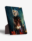 Personalized pet standing canvas featuring a white dog's head on a Wonder Woman body, with a sturdy back stand.