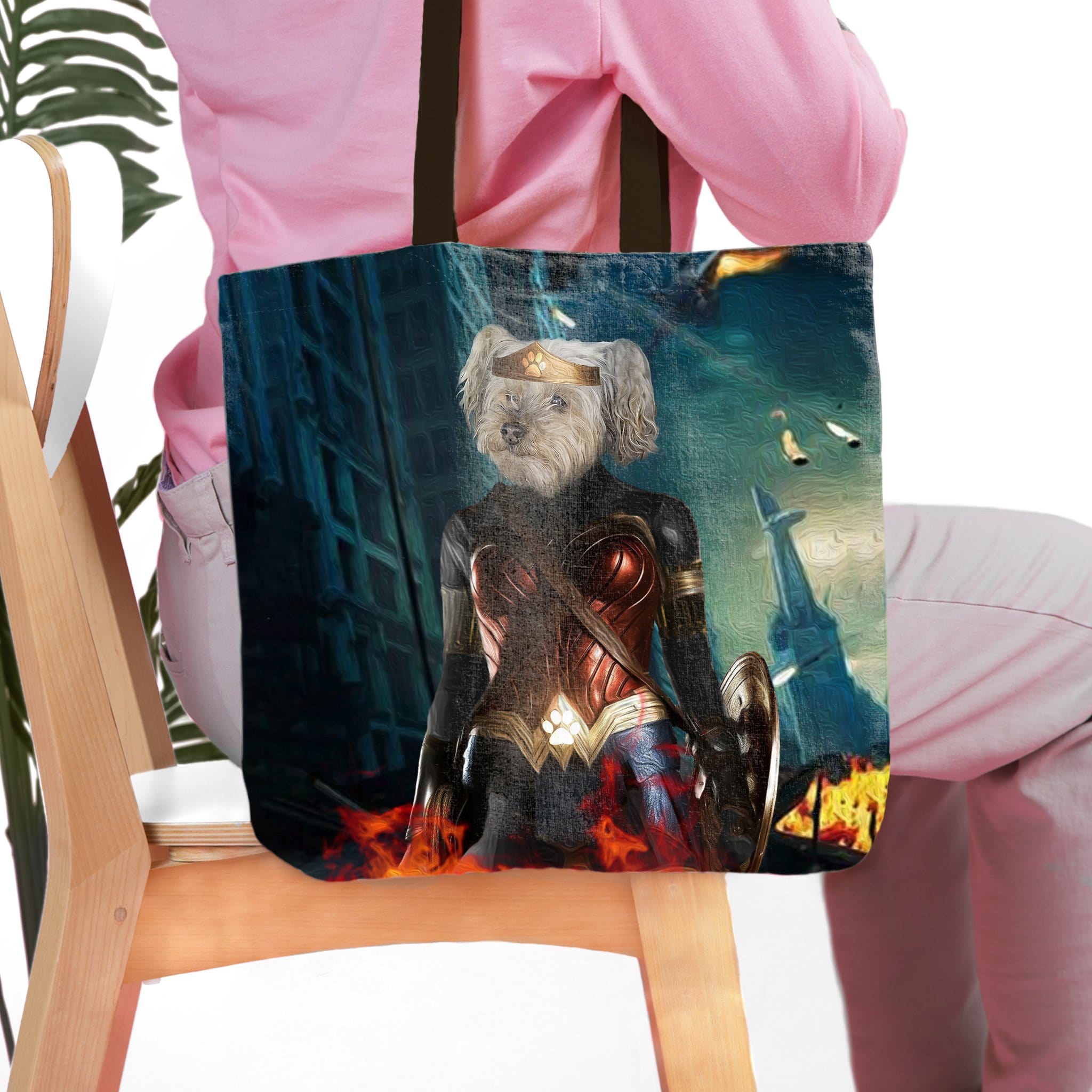 Personalized Wonder Doggette tote bag with a custom dog portrait in a superhero costume.