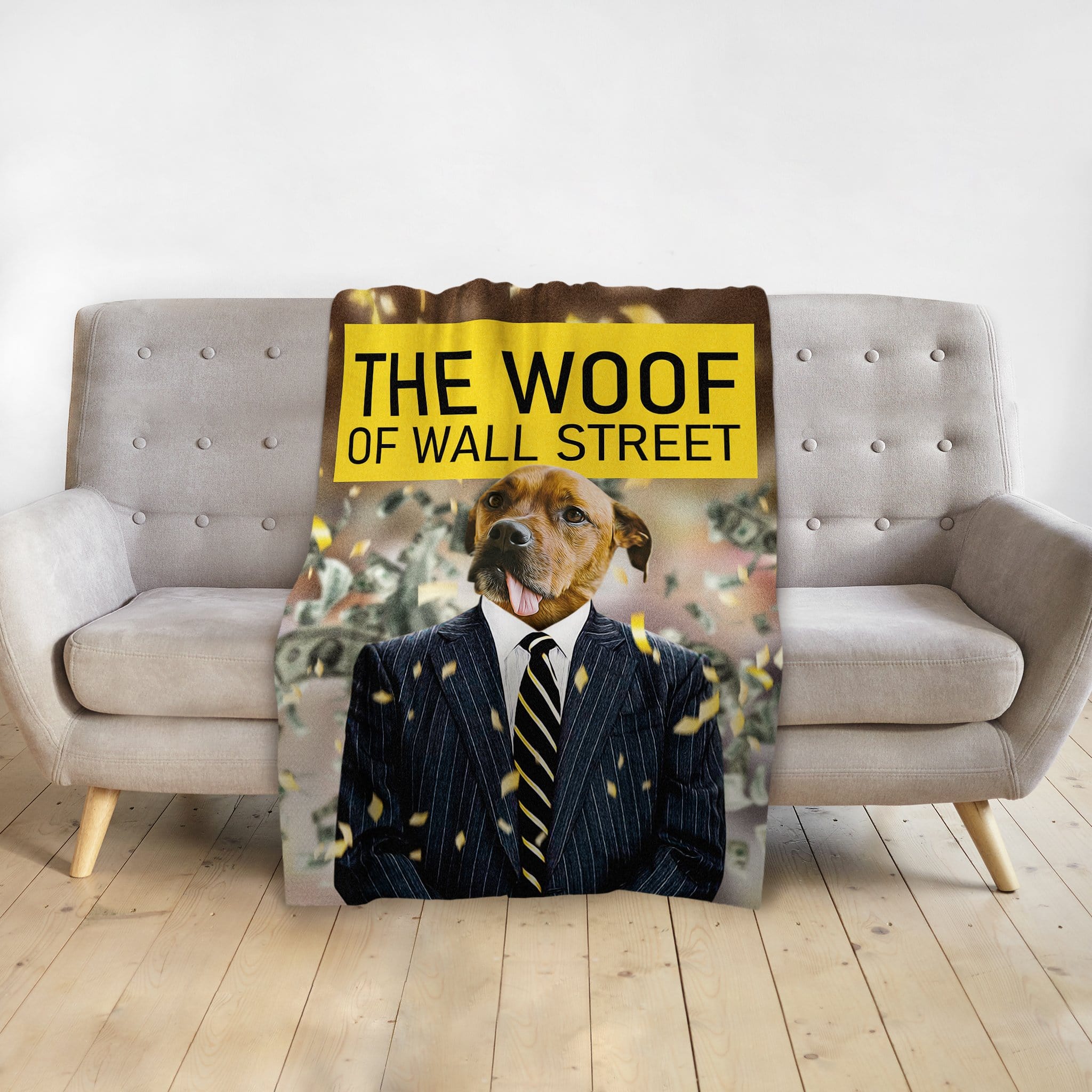 Personalized pet blanket with a dog in a suit, "The Woof of Wall Street" design.