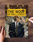 Personalized pet puzzle featuring a dog in a suit, "The Woof of Wall Street" design, on a wooden table.