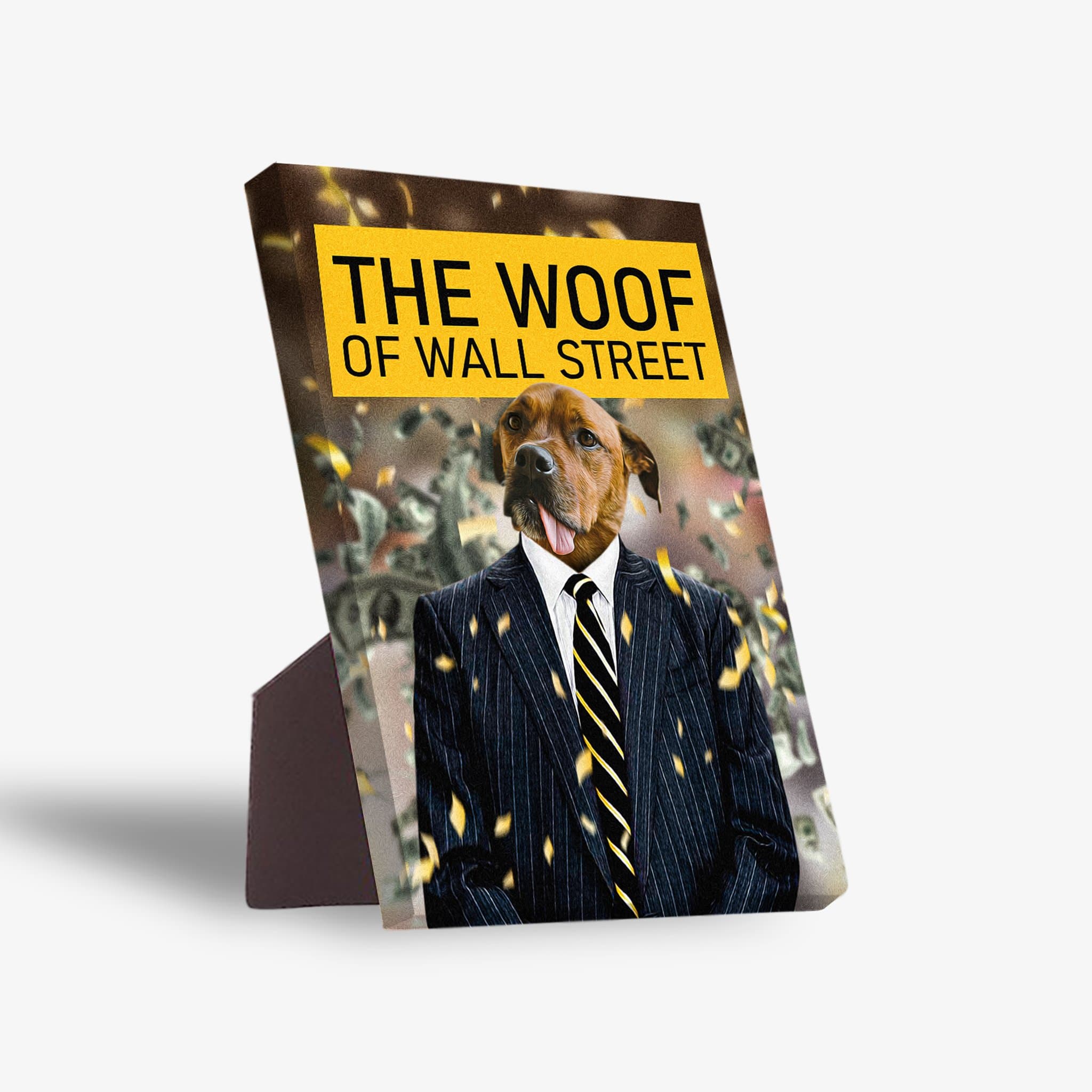 Personalized pet standing canvas featuring a dog in a pinstripe suit with a yellow tie, titled "The Woof of Wall Street.