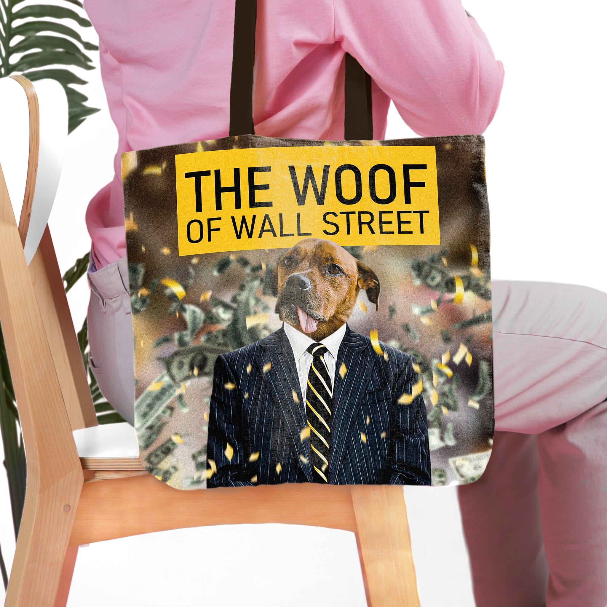 Personalized pet portrait tote bag featuring a dog in a suit with "The Woof of Wall Street" text.