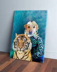 Personalized "Woofer King" pet canvas featuring a dog with a blonde wig and a tiger, on a blue background.