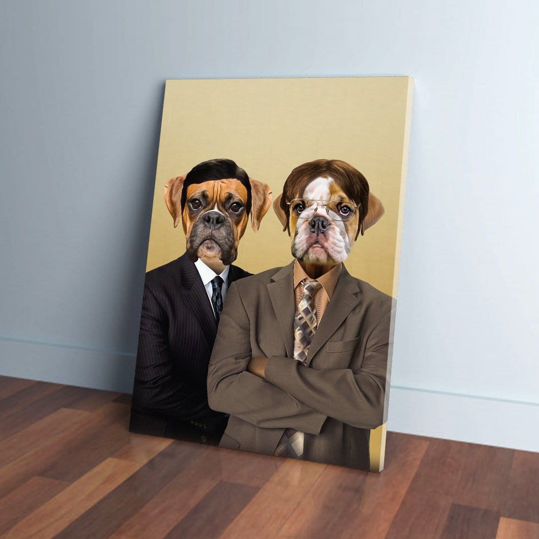 Two personalized pet portraits on canvas: a boxer in a black suit and a bulldog in a brown suit.