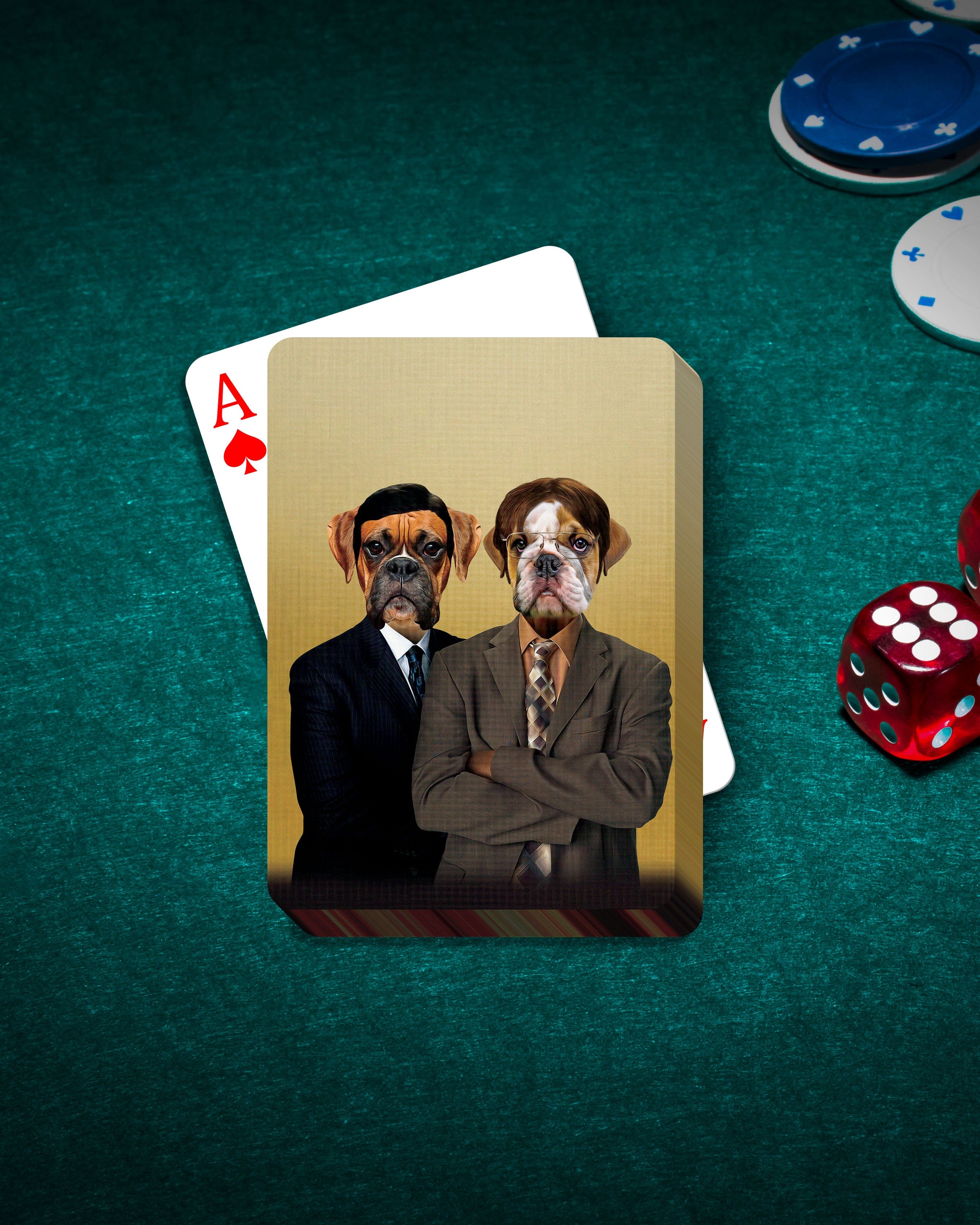 Personalized playing card featuring two dogs in suits, "The Woofice" style, on a green poker table with chips and dice.