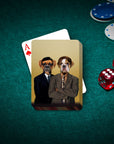 Personalized playing card featuring two dogs in suits, "The Woofice" style, on a green poker table with chips and dice.