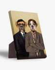 Two pet portraits on a standing canvas, featuring a boxer and bulldog in business suits.