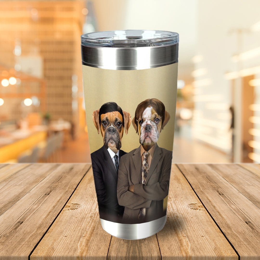 Personalized 2-pet stainless steel tumbler with custom dog portraits in business suits.